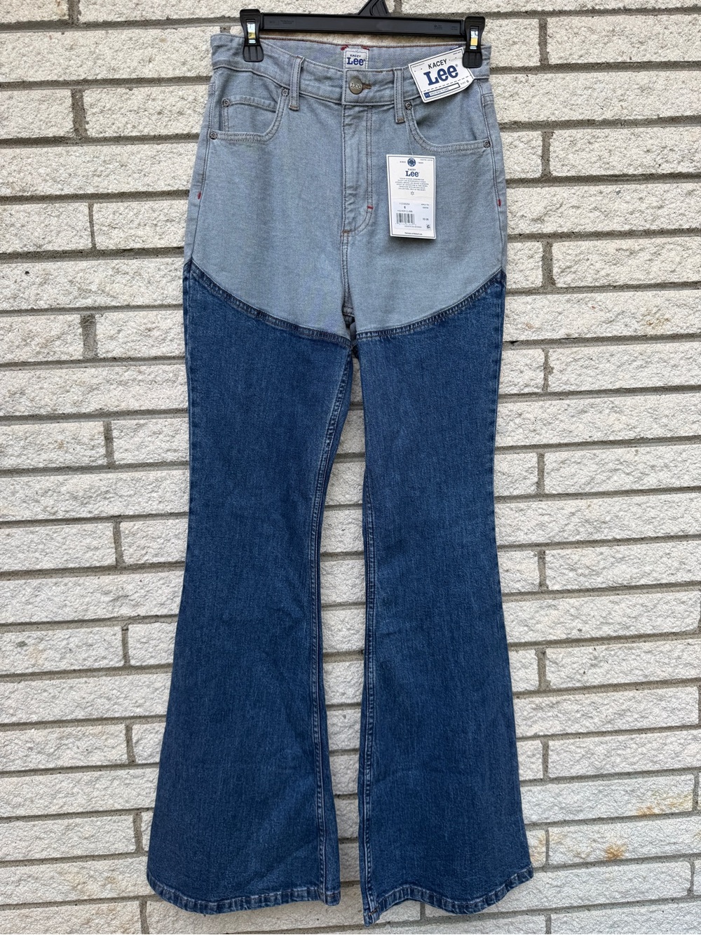 Lee Two-Tone High-Rise Flare Jeans — Light Blue & Dark Blue